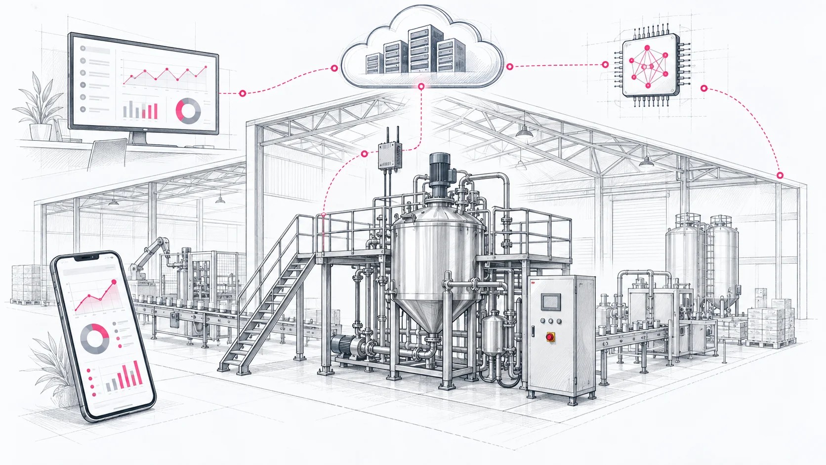 Fabrika içindeki bir proses makinesinin veri ağ geçidi üzerinden bulut, mobil cihaz, yapay zekâ analitiği ve yönetim paneline bağlandığını, ekipmanın yerel olarak kontrol edildiğini gösteren kavramsal mühendislik çizimi.